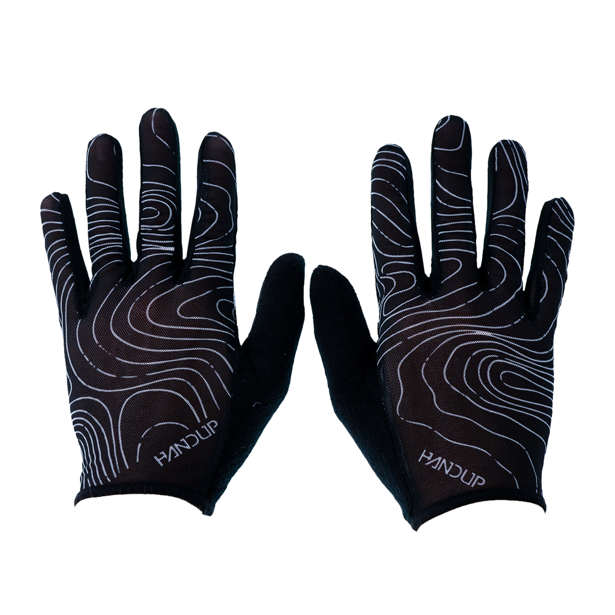 Handup Summer LITE Gloves, Topo Map Black, pair laid flat, back of hand with topo line print