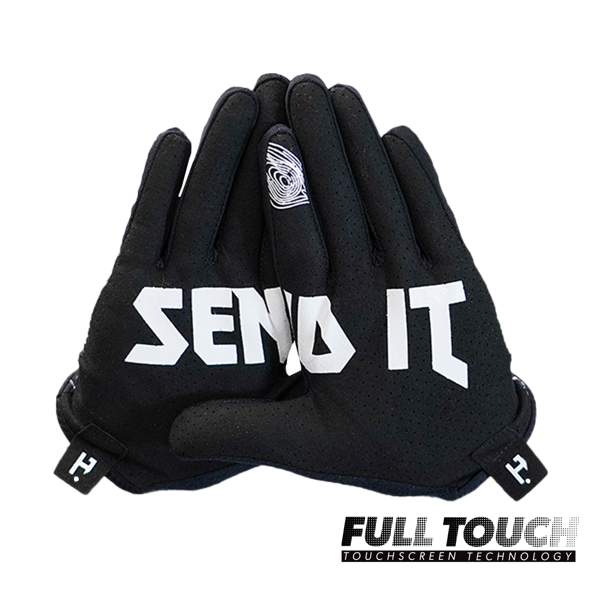 Handup Summer LITE Gloves, Topo Map Black, pair shown together, palm side with "Send It" print