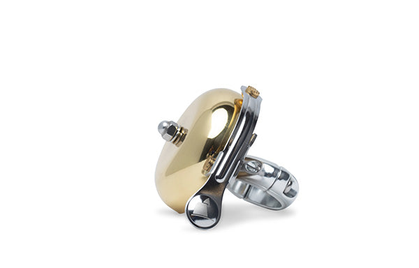 Pennant Bicycle Bell, brass, angled view with clamp