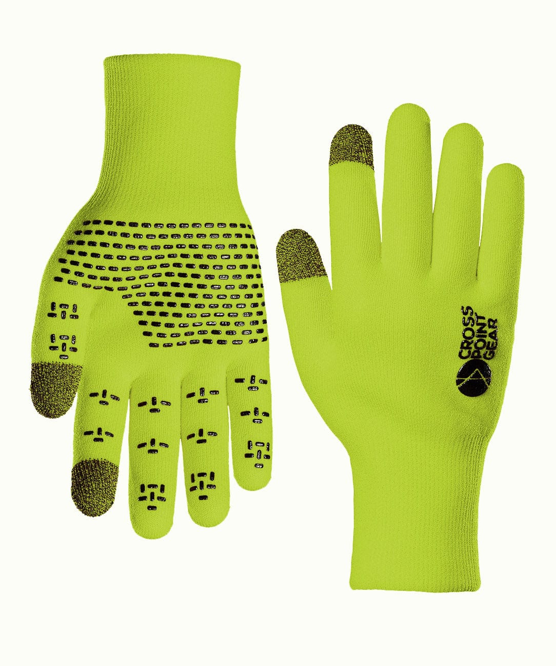 Showers Pass Cross Point knit gloves in Neon Green, one palm up showing black silicone grip dots and dark touchscreen fingertips, the other back up.