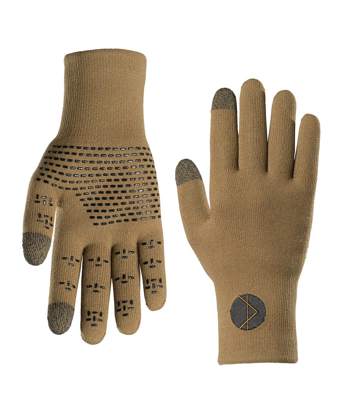 Showers Pass Cross Point Pro Wool knit gloves in Coyote tan, one palm up showing black silicone grip print and dark touchscreen fingertips, the other back up with the Showers Pass logo.