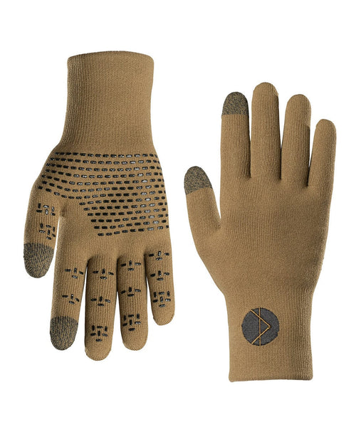 Showers Pass Cross Point Pro Wool knit gloves in Coyote tan, one palm up showing black silicone grip print and dark touchscreen fingertips, the other back up with the Showers Pass logo.