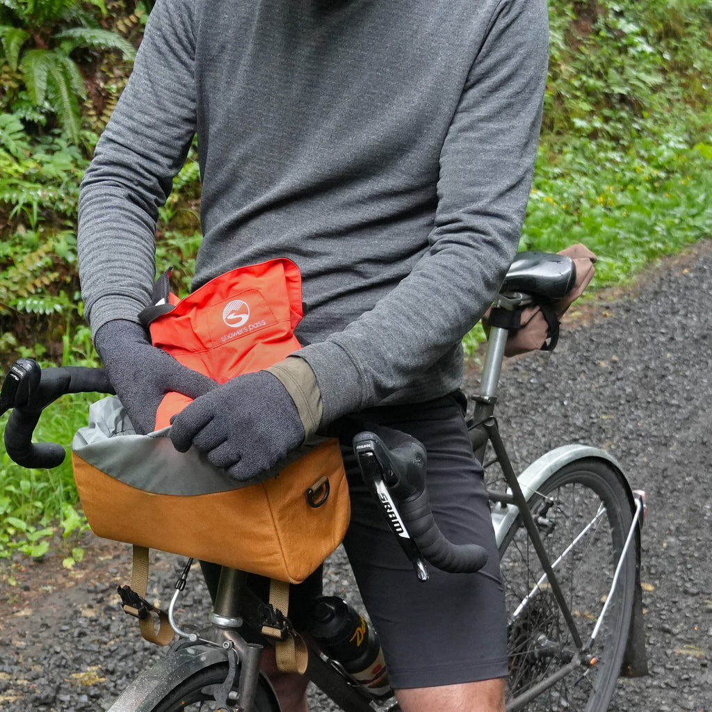 Men's Century Jacket, packed into a handlebar bag