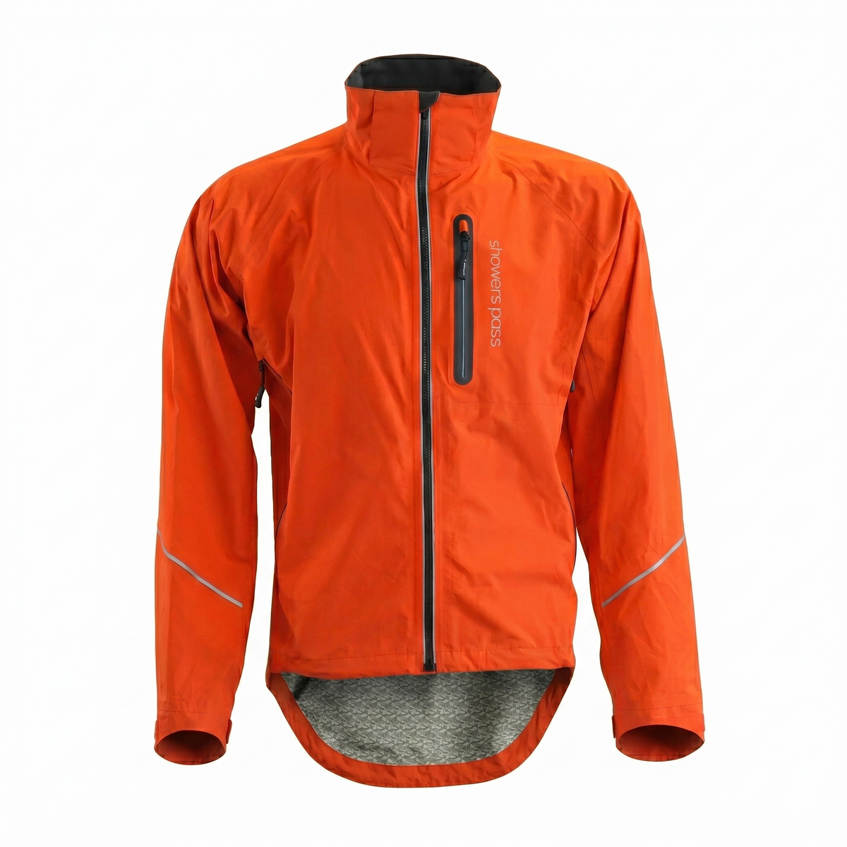 Men's Showers Pass Century jacket in Firecracker orange, black collar and centre zip, vertical chest zip pocket, reflective sleeve trim and a grey drop-tail hem.