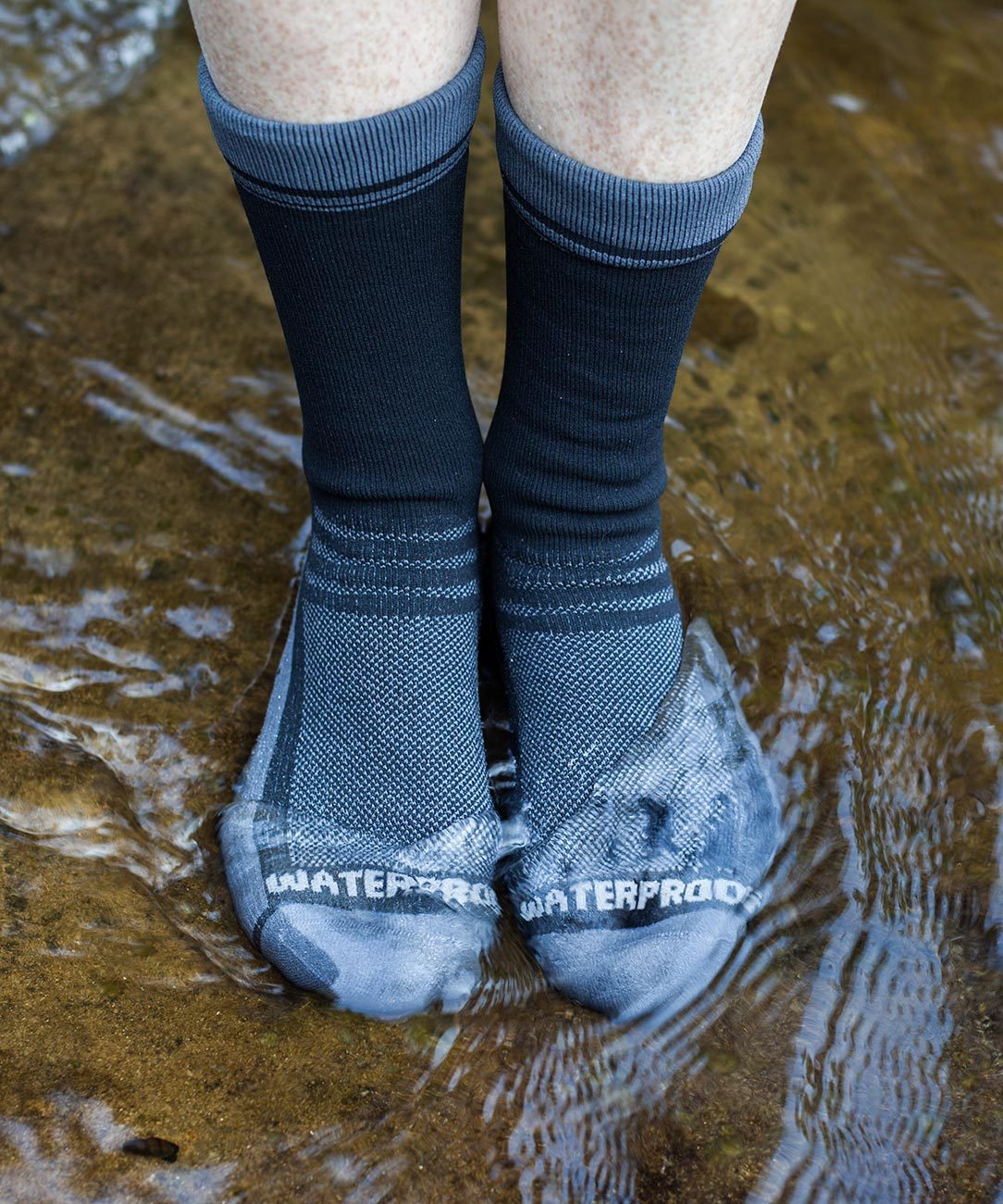 Cross Point Waterproof Socks: Sport, worn standing in shallow water, front view