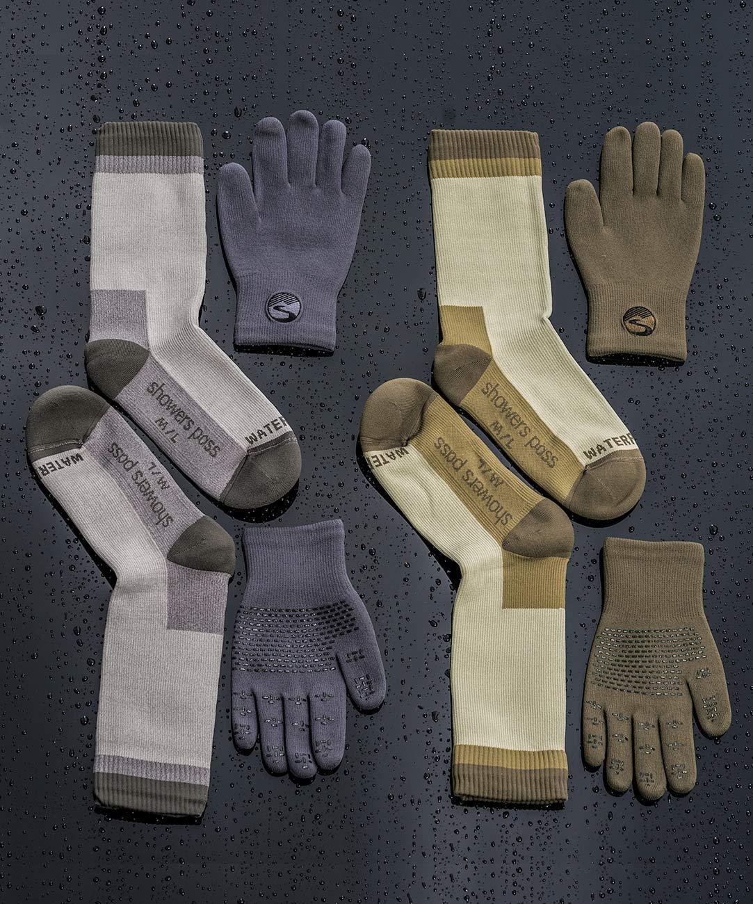 Cross Point Waterproof Knit Gloves: Pro Wool, gloves and matching socks laid out in gray and tan