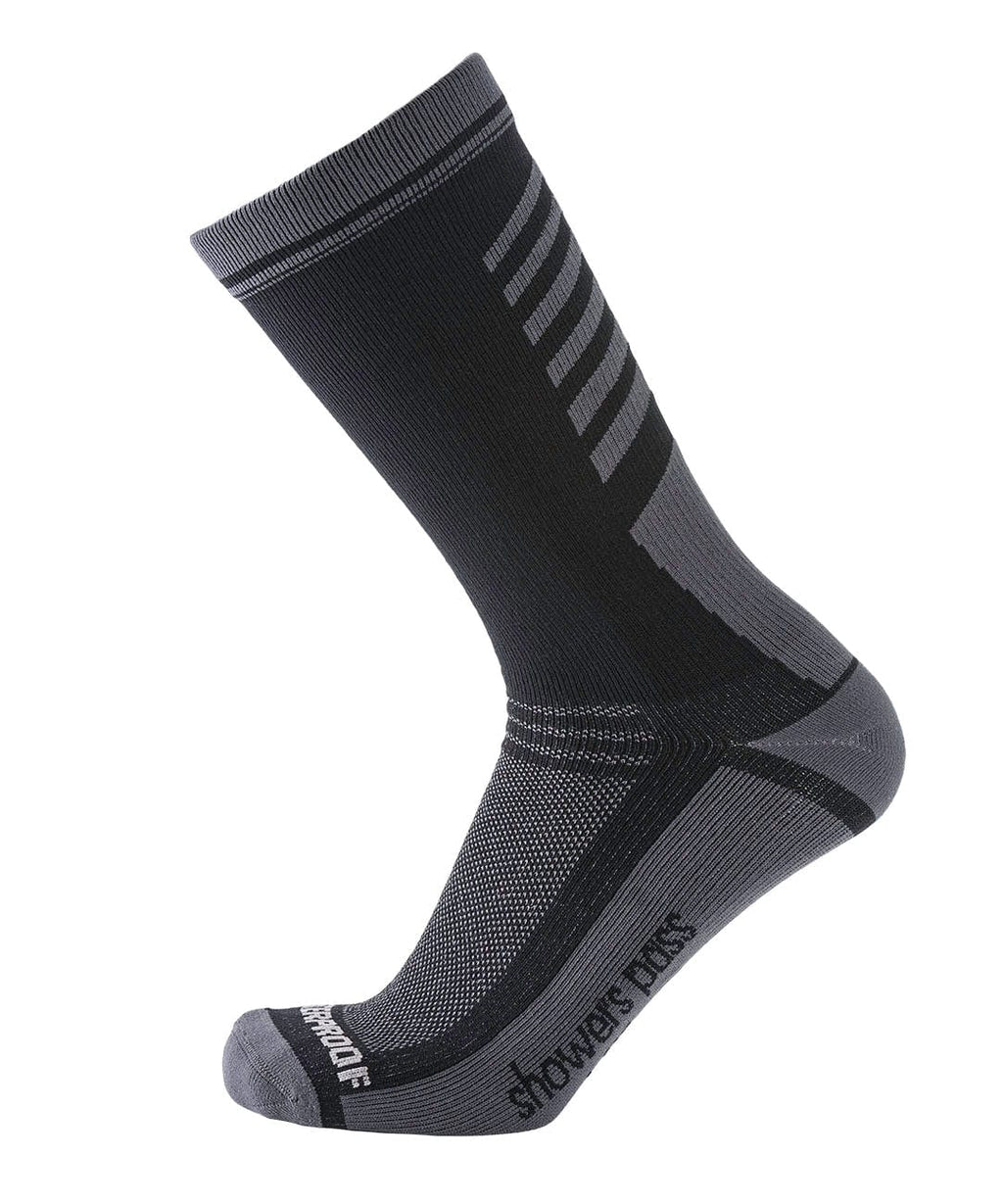 Showers Pass Cross Point waterproof crew sock in black, side view, with grey stripes at the cuff and a grey heel, arch and toe.
