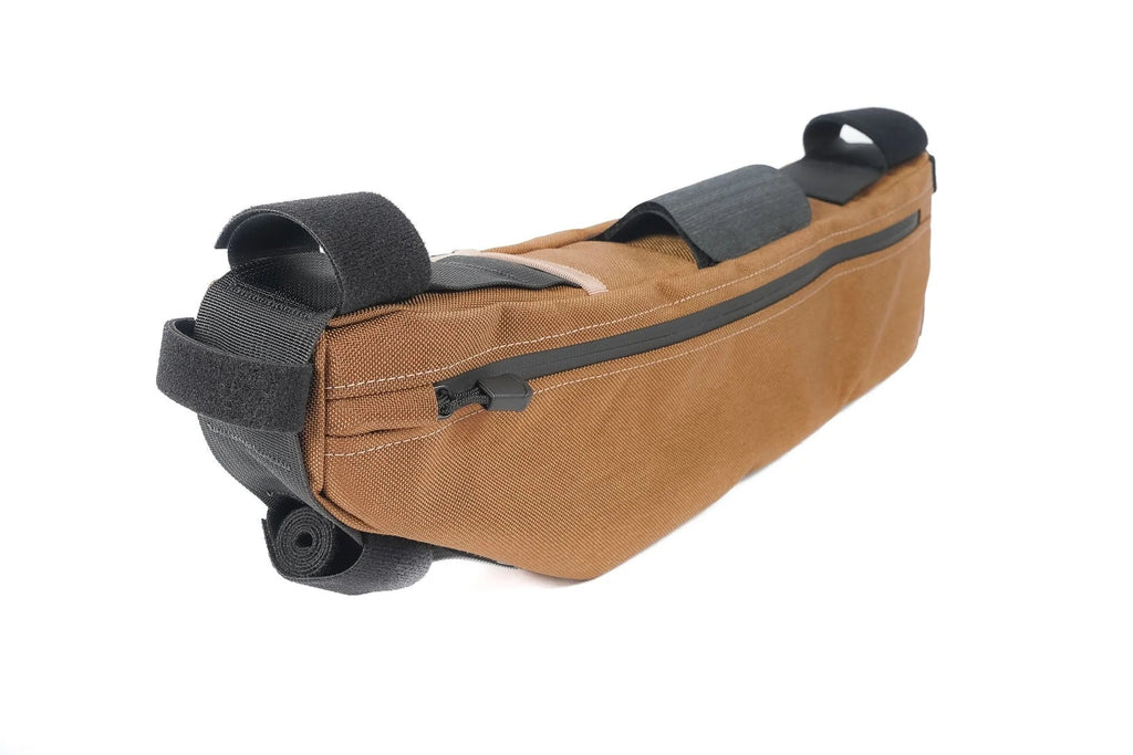 Outer Shell Half Frame Bag, tan, rear angle showing the straps