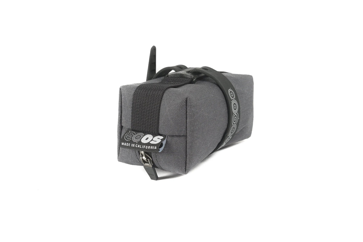 Outer Shell Mini Saddlebag, gray, side view with strap