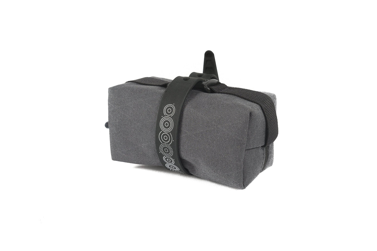 Outer Shell Mini Saddlebag, gray, front view with strap