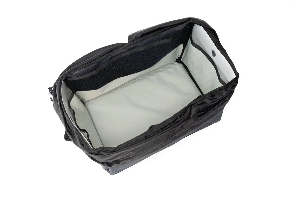 Outer Shell Rack Bag, open, top view of the interior