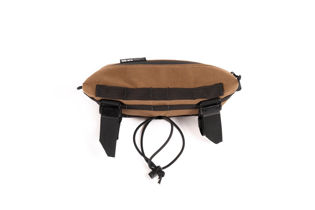 Outer Shell Mini Bar Bag, tan, top view with straps and drawcord