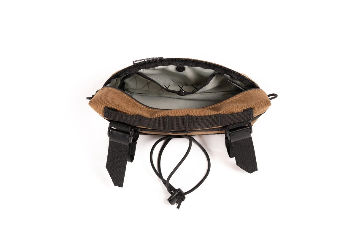 Outer Shell Mini Bar Bag, tan, open showing the lining