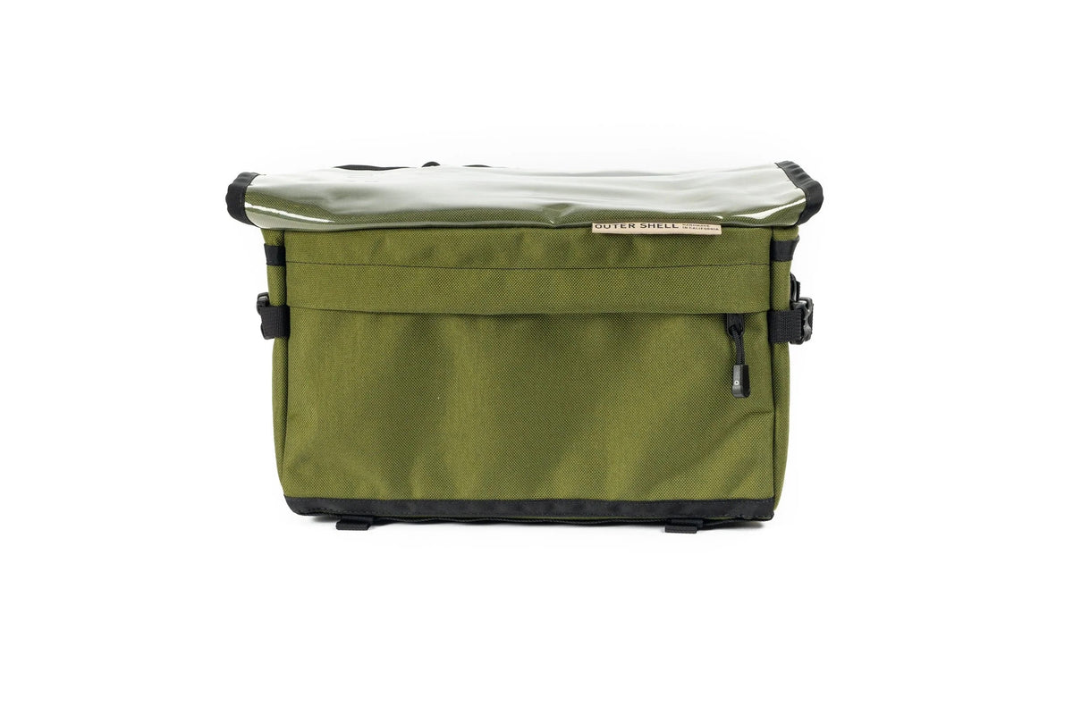 Outer Shell 137 Basket Bag, olive green, front view with clear map top