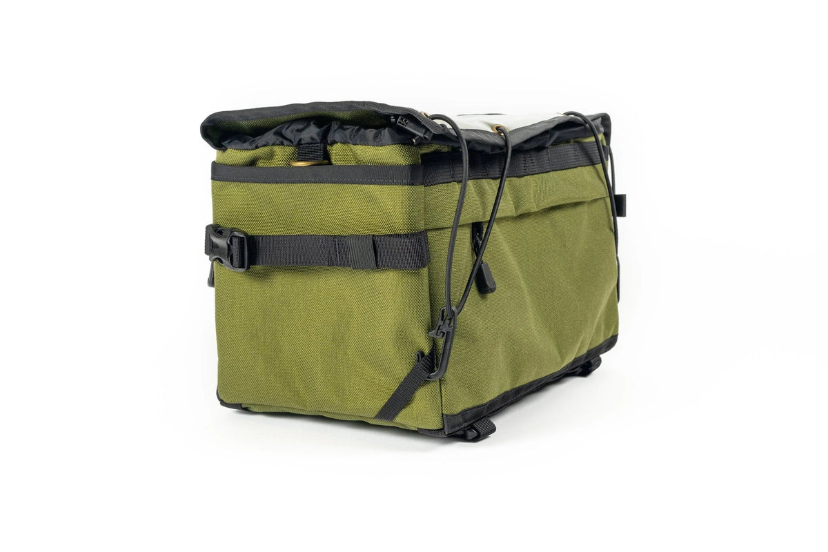 Outer Shell 137 Basket Bag, olive green, rear angle with bungee cord