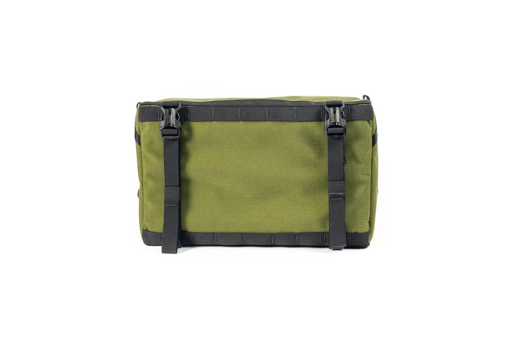 Outer Shell 137 Basket Bag, olive green, bottom view with straps