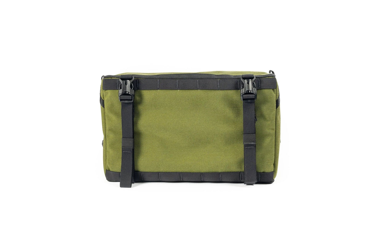 Outer Shell 137 Basket Bag, olive green, bottom view with straps