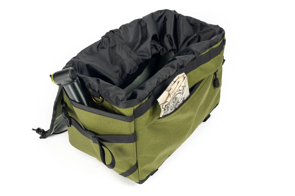 Outer Shell 137 Basket Bag, olive green, open showing the interior