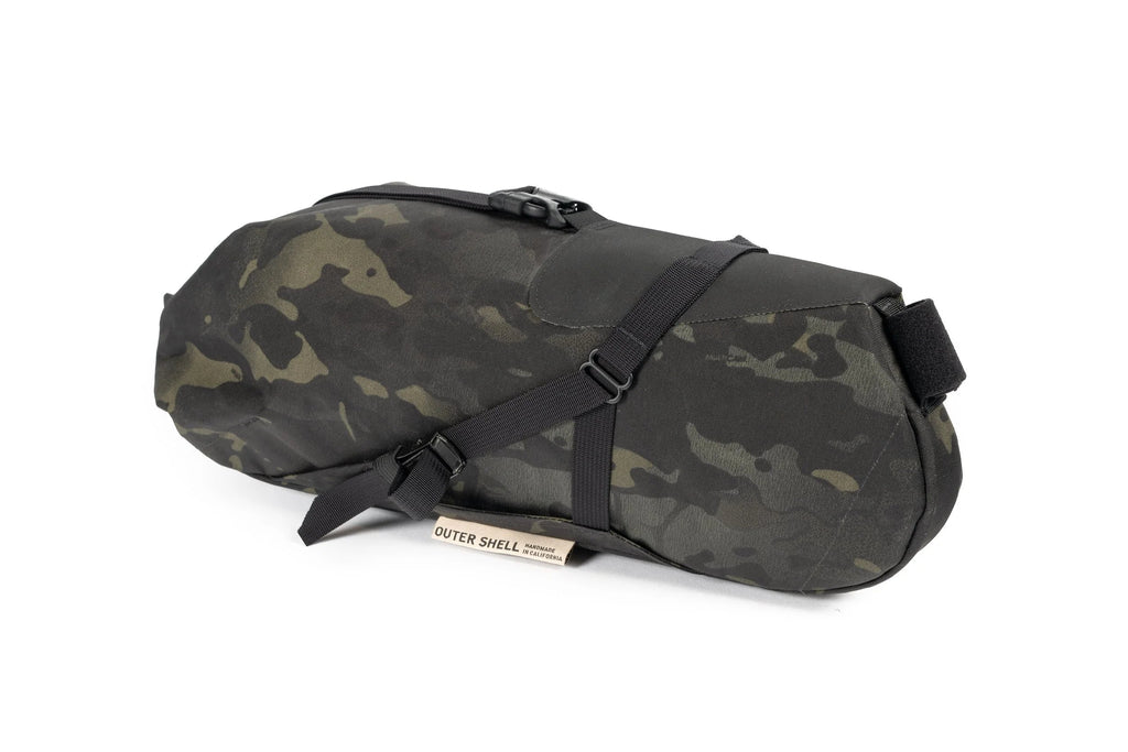 Outer Shell Seatpack, camo, angled side view