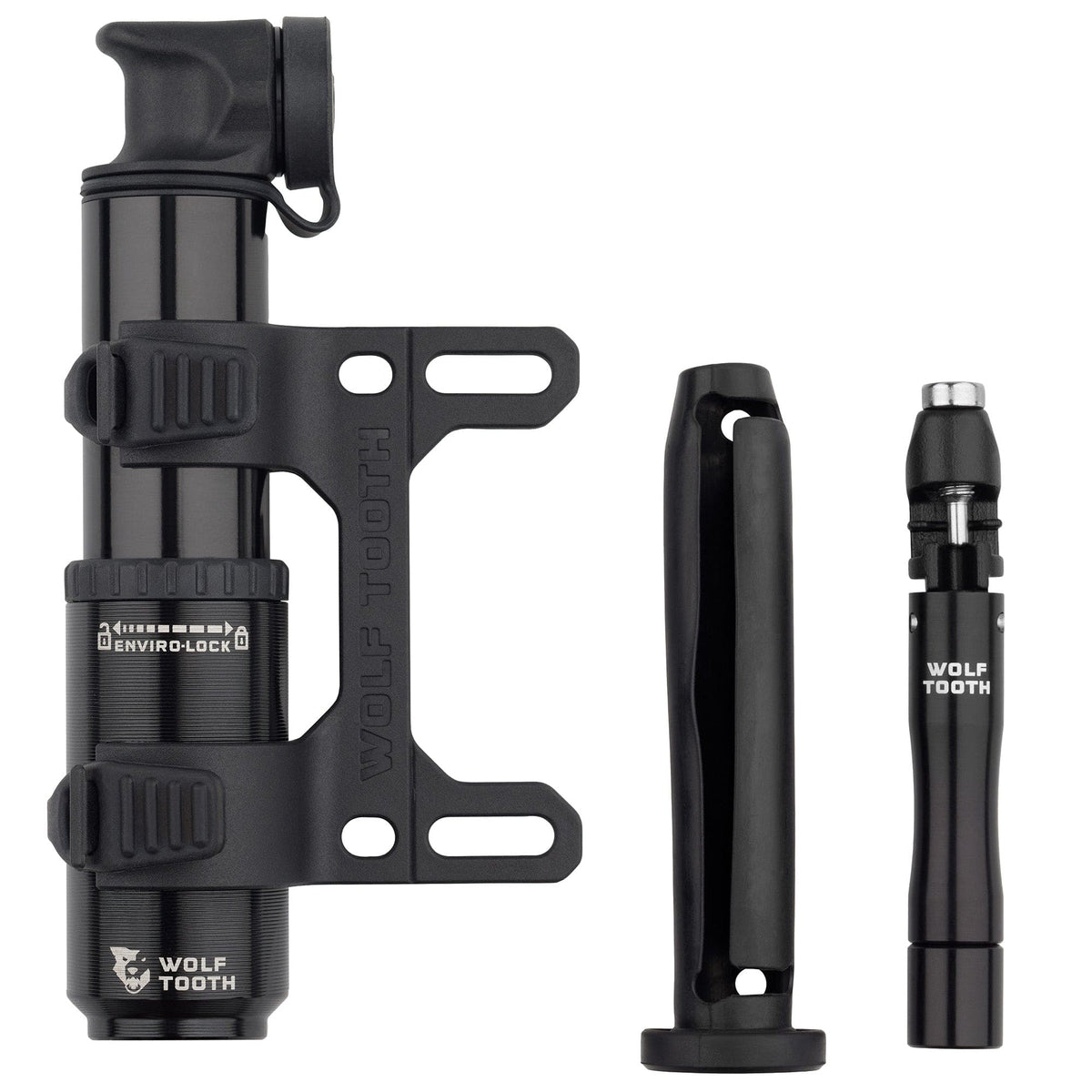Wolf Tooth EnCase Pump 40cc, pump in its bottle cage mount with both EnCase tools