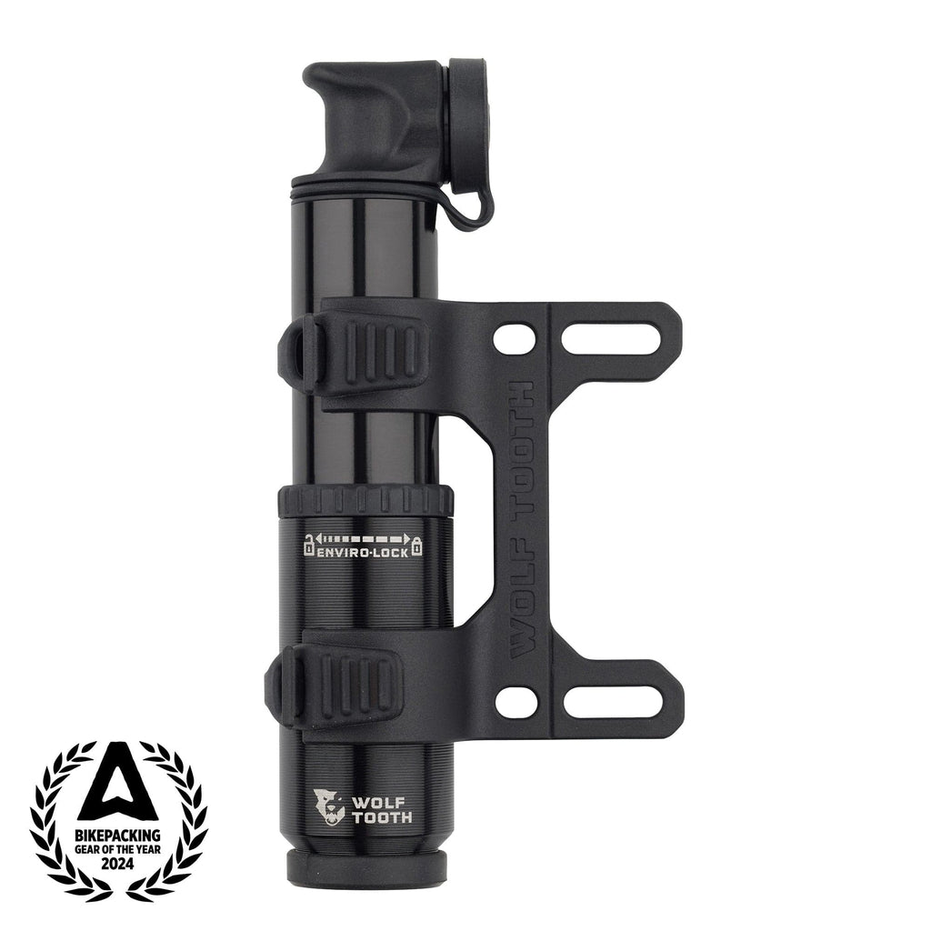 Wolf Tooth EnCase 40cc mini pump in black with its frame mount bracket