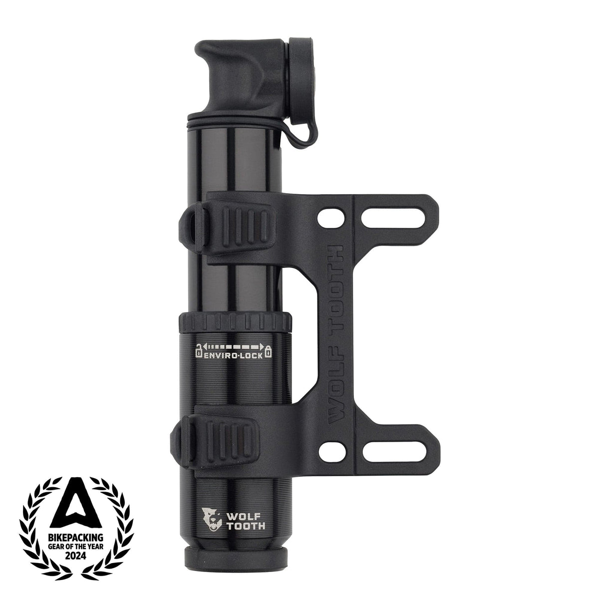 Wolf Tooth EnCase 40cc mini pump in black with its frame mount bracket