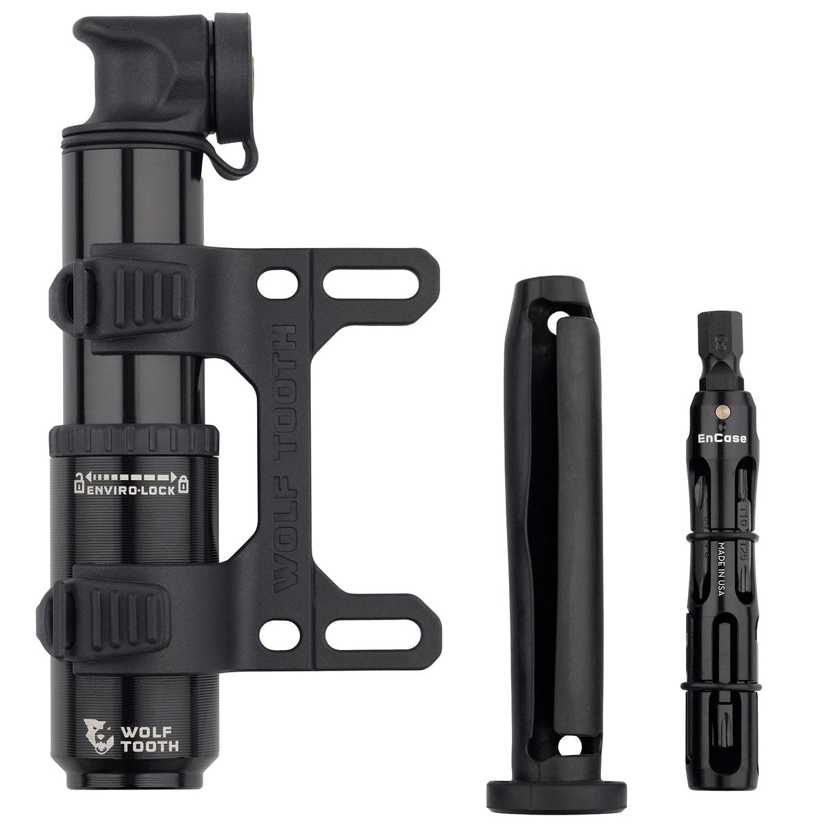 Wolf Tooth EnCase Pump 40cc, pump in its bottle cage mount with chain and plug tools