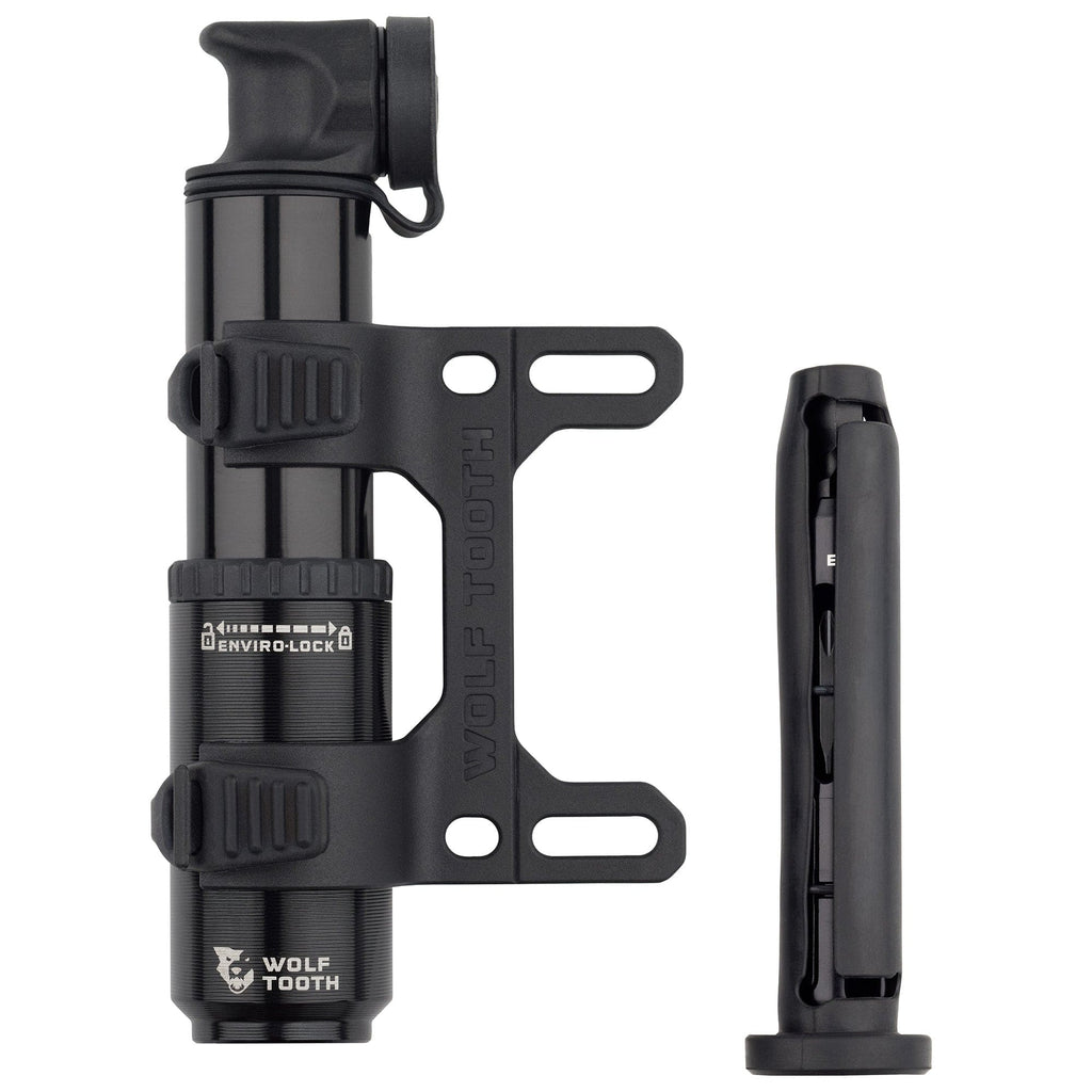 Wolf Tooth EnCase Pump 40cc, pump in its bottle cage mount with one tool sleeve