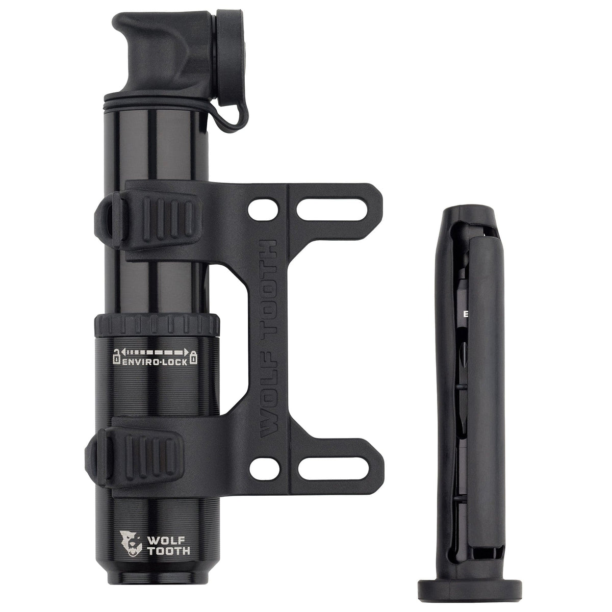 Wolf Tooth EnCase Pump 40cc, pump in its bottle cage mount with one tool sleeve