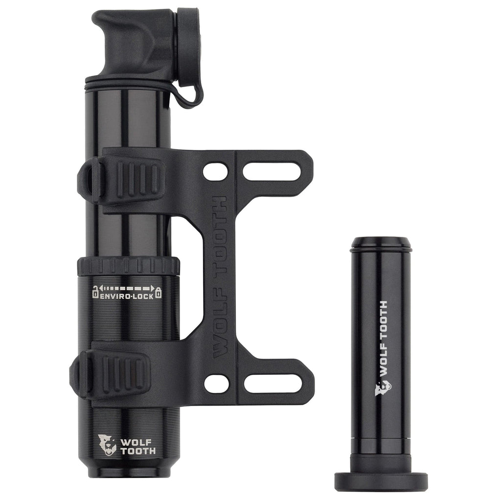 Wolf Tooth EnCase Pump 40cc, pump in its bottle cage mount with a storage sleeve