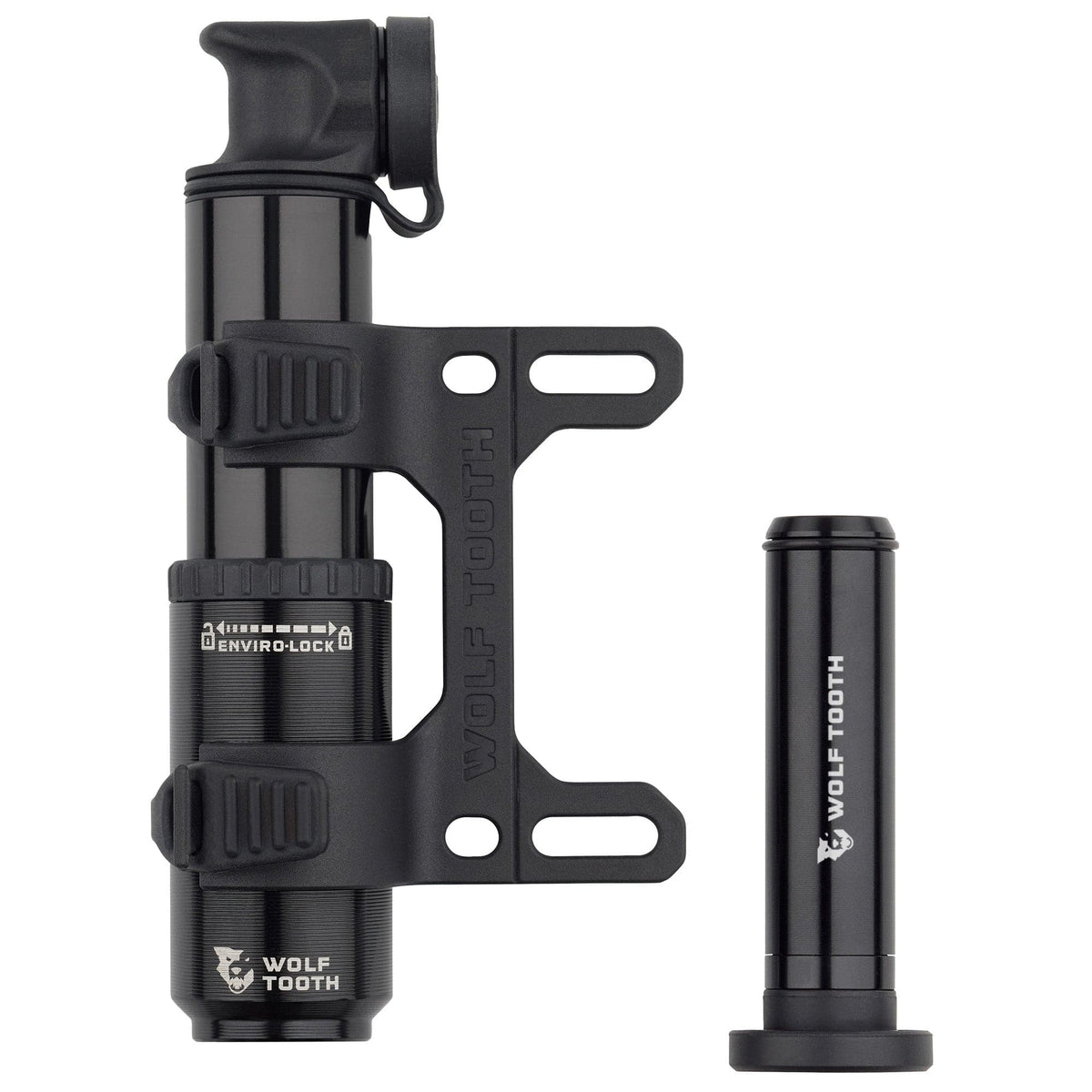 Wolf Tooth EnCase Pump 40cc, pump in its bottle cage mount with a storage sleeve