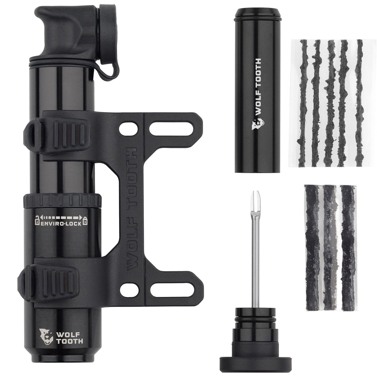 Wolf Tooth EnCase Pump 40cc, pump in its bottle cage mount with tire plug tools