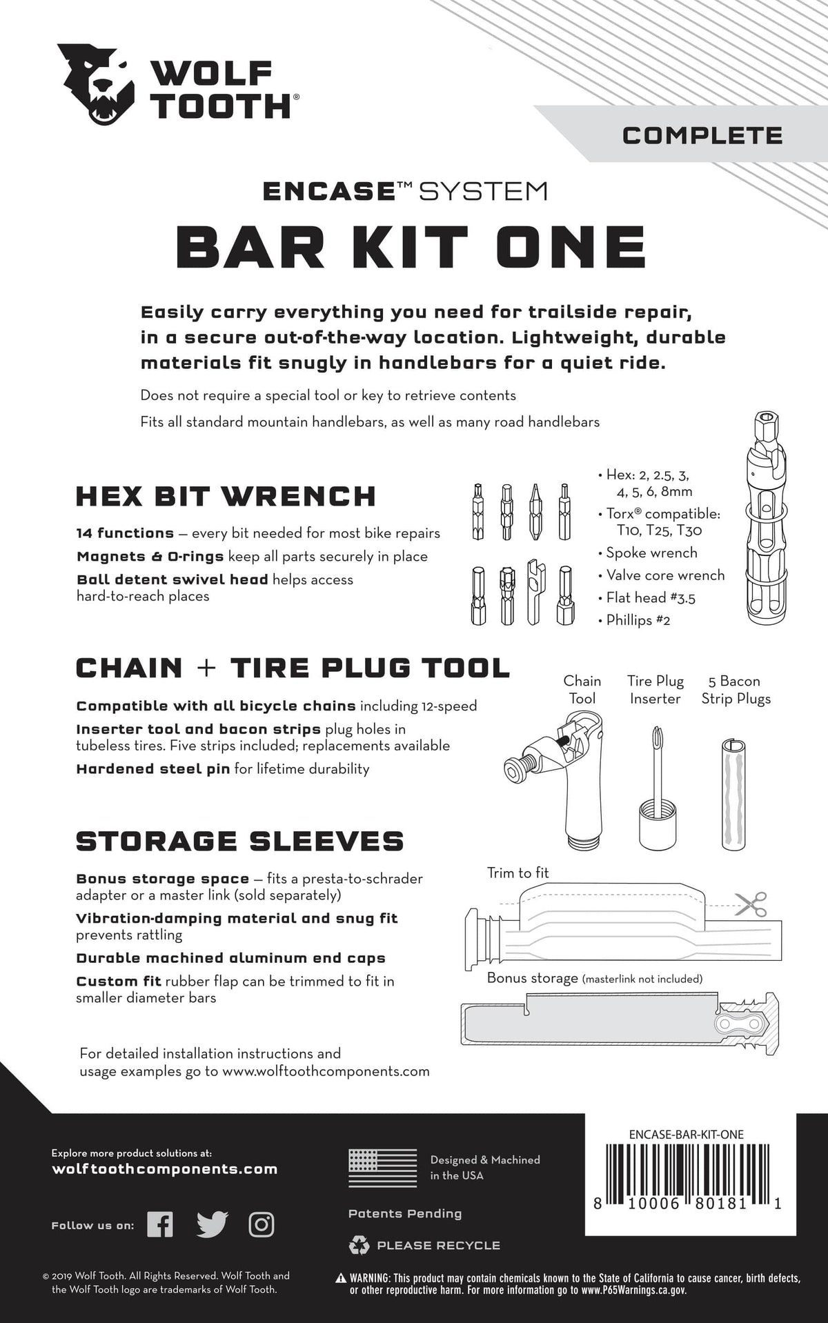 Wolf Tooth EnCase System Bar Kit One, back of the retail card