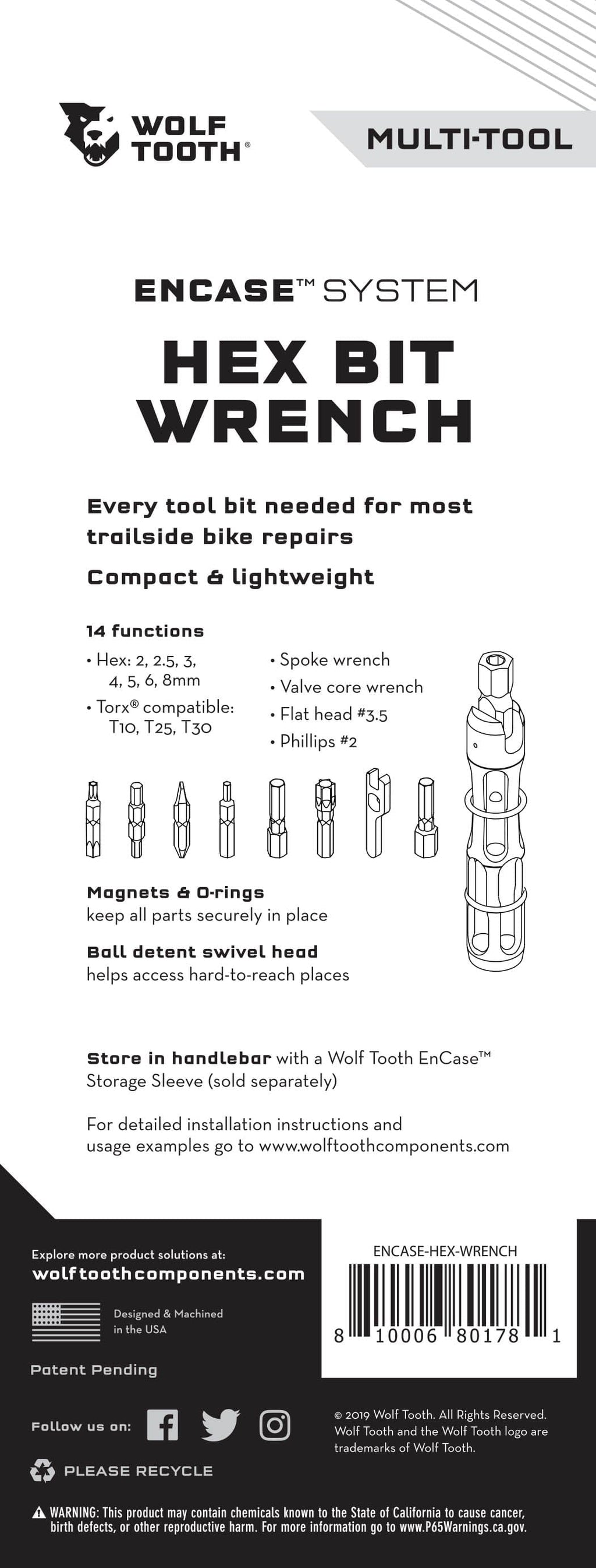 Wolf Tooth EnCase Hex Bit Wrench Multi-Tool, back of the retail card