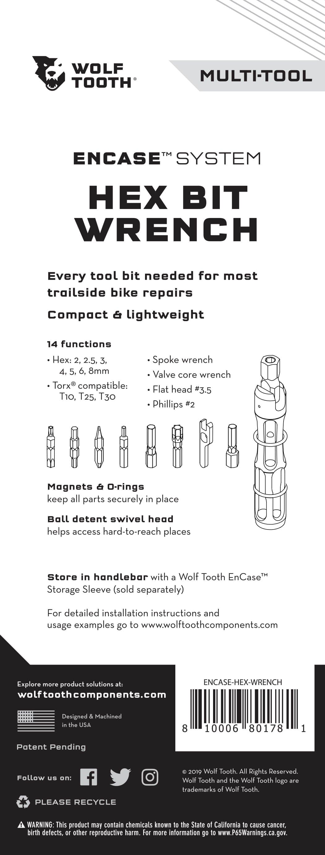 Wolf Tooth EnCase Hex Bit Wrench Multi-Tool, back of the retail card