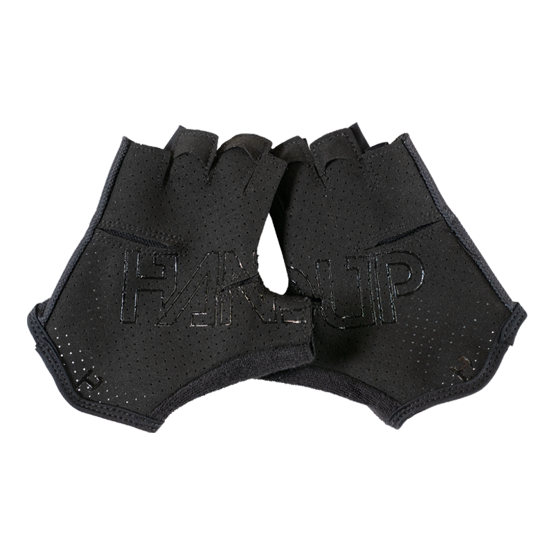 Handup Shorties Fingerless Gloves, Topo Map Black, pair shown together, palm side with silicone grip