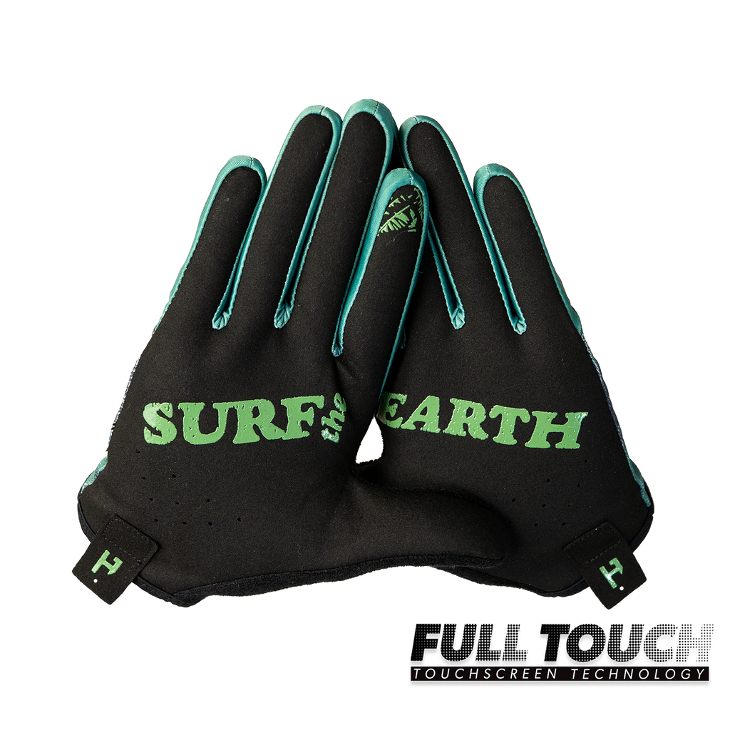 Handup Gloves, Acid Forest, pair shown together, palm side with "Surf Earth" print