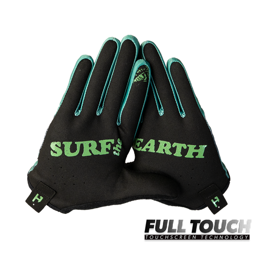 Handup Gloves, Acid Forest, pair shown together, palm side with "Surf Earth" print
