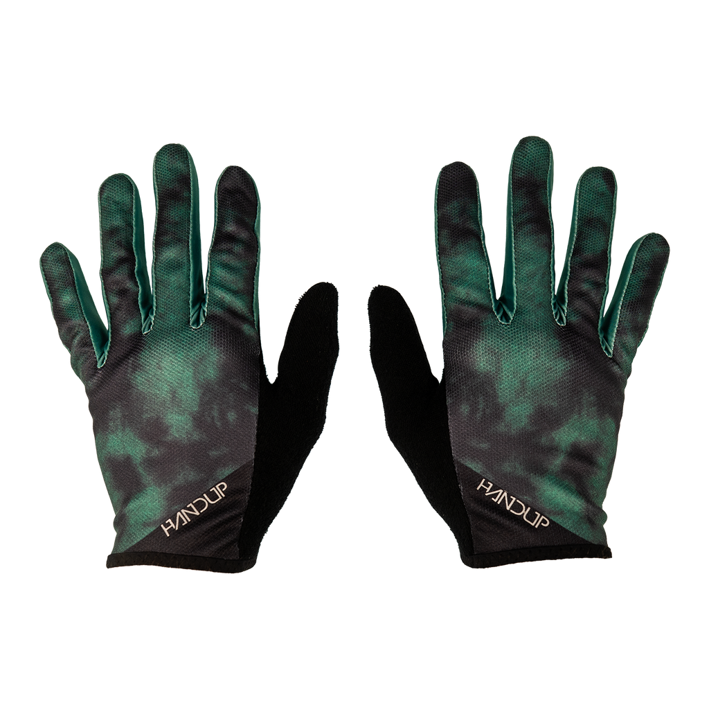 Handup Gloves, Acid Forest, pair laid flat, back of hand with green acid wash print
