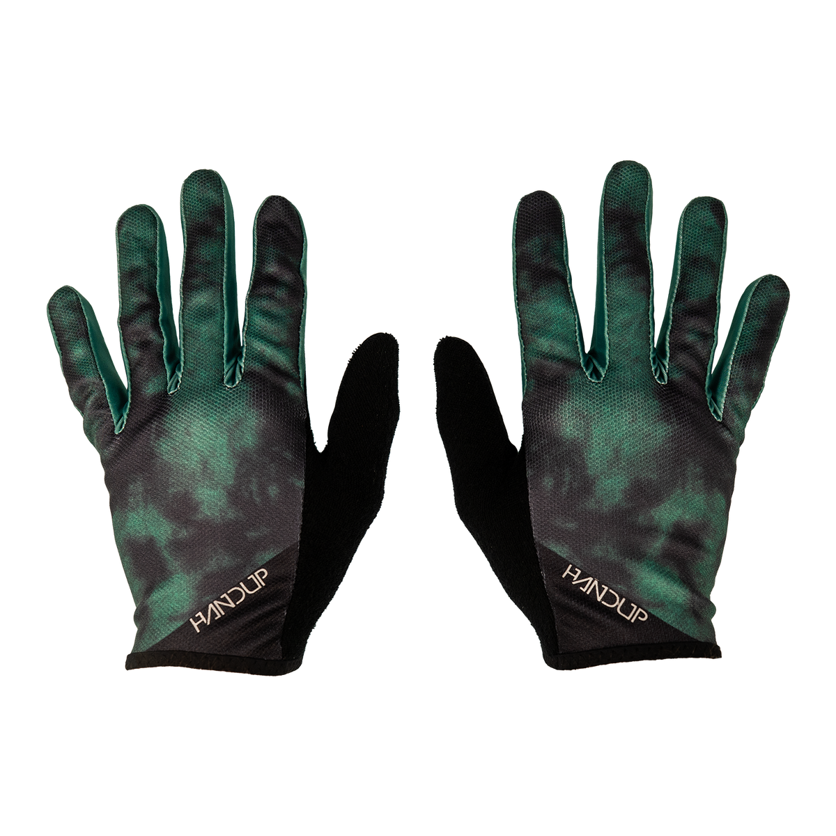 Handup Gloves, Acid Forest, pair laid flat, back of hand with green acid wash print