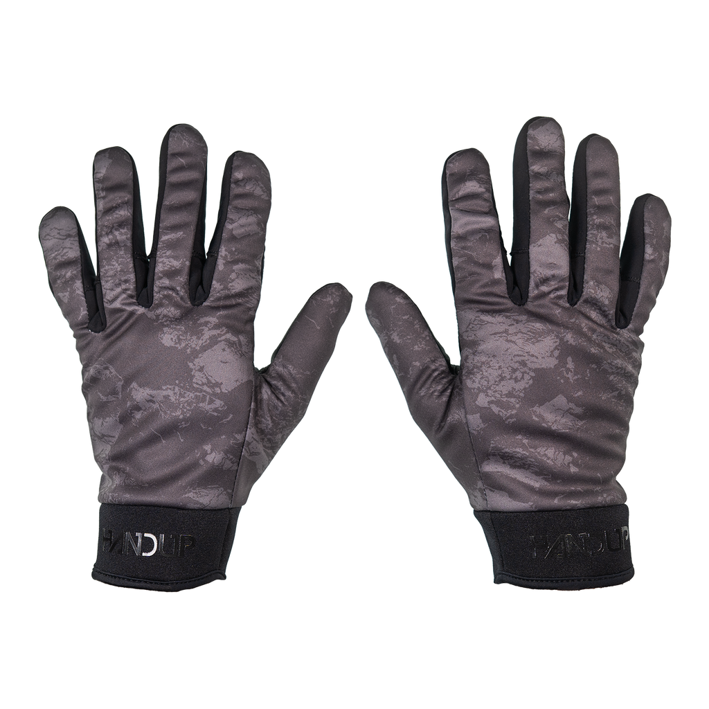 Handup ColdER Plus Gloves, Black Strata, pair laid flat, back of hand