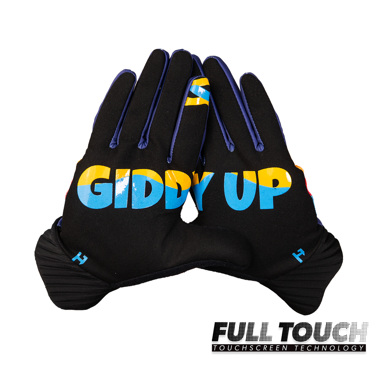 Handup Cold Weather Gloves, Sunrise Ridge Rider, pair shown together, palm side with "Giddy Up" print