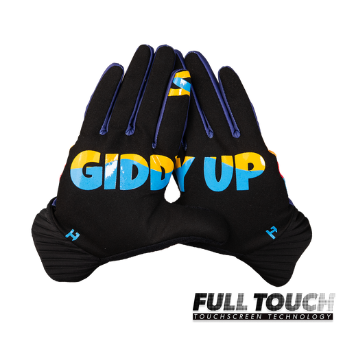 Handup Cold Weather Gloves, Sunrise Ridge Rider, pair shown together, palm side with "Giddy Up" print