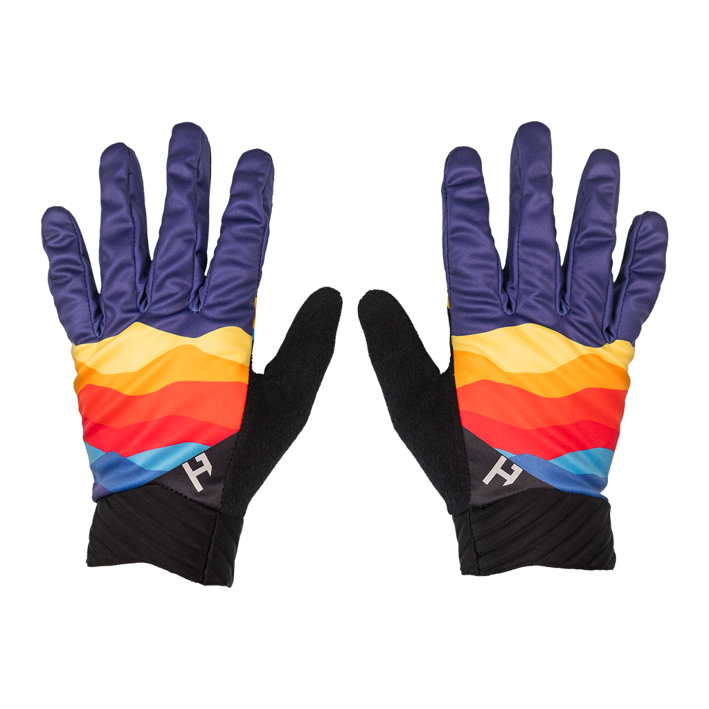 Handup Cold Weather Gloves, Sunrise Ridge Rider, pair laid flat, back of hand with sunset stripe print