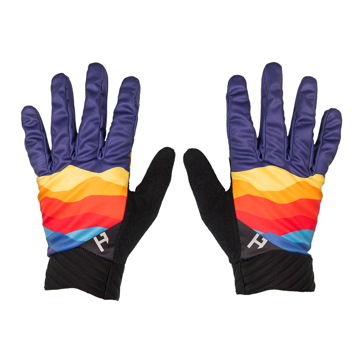 Handup Cold Weather Gloves, Sunrise Ridge Rider, pair laid flat, back of hand with sunset stripe print