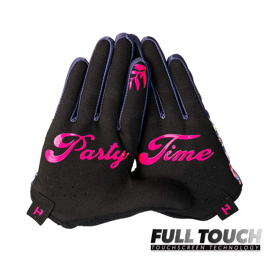 Handup Gloves, Midnight in Maui, pair shown together, palm side with "Party Time" print