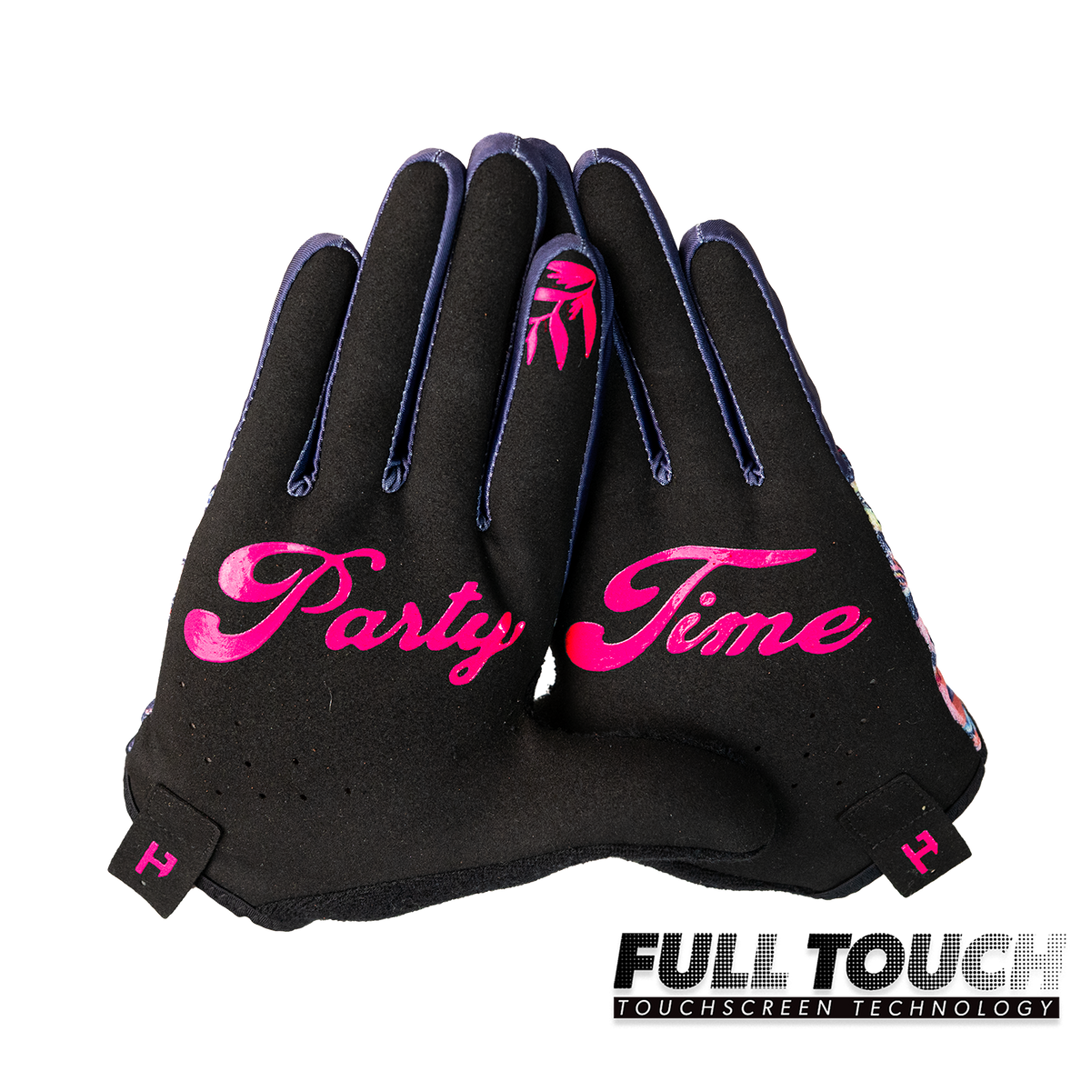 Handup Gloves, Midnight in Maui, pair shown together, palm side with "Party Time" print