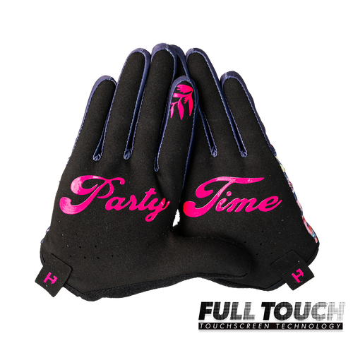 Handup Gloves, Midnight in Maui, pair shown together, palm side with "Party Time" print