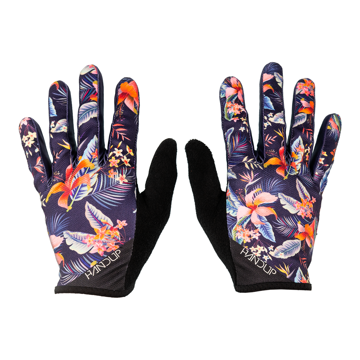 Handup Gloves, Midnight in Maui, pair laid flat, back of hand with tropical floral print