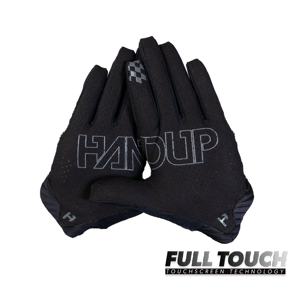 Handup Pro-Formance Gloves, Black/Grey, pair shown together, palm side, touchscreen fingertips